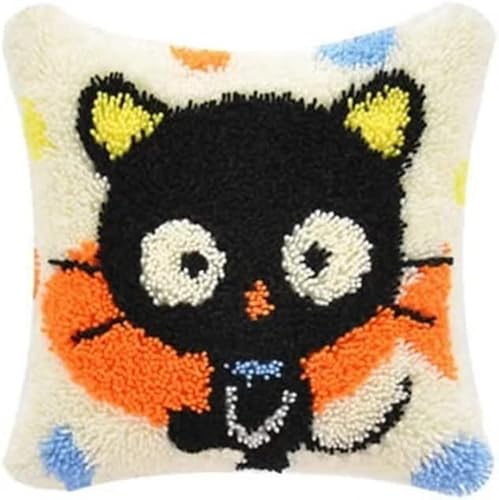 ROCKY&CHAO Knüpfteppich Zum Selber Knüpf-Sets mit Kissen knüpfen-Set 43x43cm Kissenbezug-Set für Erwachsene und Kinder Latch Hook Kit Heimaccessoire（Schwarze katze der karikatur）