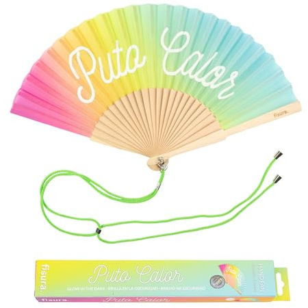 Fisura - Éventail original avec message en espagnol p*to calor. Eventail moderne et amsuant en bois. Eventail pliant arc-en-ciel multicolore. Phosphorescent. Dimensions : 42,5 x 23 cm.