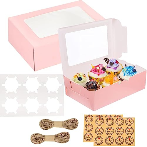 GUIFIER 20 Pack Cupcake Boxes 6 Count with Window, Muffin Box with Inserts, Cake Boxes, Paper Bakery Cookie Boxes Ideal Take Out Container Box for Cupcake, Cake, Pastry, Treats, Dessert, Donuts (Pink)