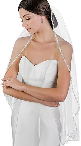 GAODESI Hochzeitsschleier Perlen und Kristalle Perlen Rand 1 Ebene Fingerspitzenlänge Brautschleier, V156light Ivory, Fingertip length