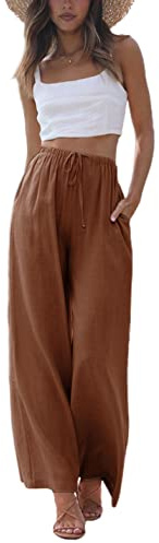 Faleave Women's Cotton Linen Summer Palazzo Pants Flowy Wide Leg Beach Trousers with Pockets(Rust-S)