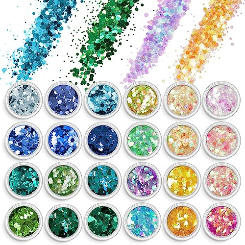 AOOWU Purpurina Polvo, 24 Colores Purpurina Cara para Glitter Maquillaje, Acrilico Chunky Glitter para Ojos, Cara, Pelo, Uñas, Purpurina Festival para Maquillaje y Manualidades Brillante Decoración