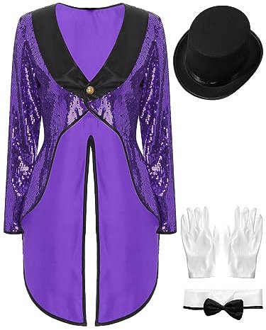 FEESHOW Damen Pailletten Frack Kostüm Zirkus Ringmaster Jacke Karneval Weihnachten Kostüm Silvester Showtime Party Outfit Mantel A_Violett_Set XXL