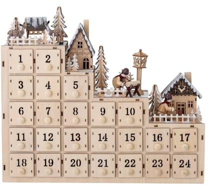 Bloomingville Adventskalender Richie – lås av plywood med belysning – 24 lådor att fylla – adventskalender natur – 38 x 33 x 10 cm