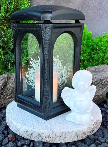 Grabschmuck-Set Grablaterne Classico Premium Massiv Schwarz mit Sockel inkl. Engel u.Grablicht Kerze + Grablampe Granitsockel Grableuchte Herz Grabschmuck Lampe Laterne Trauer Liebe Friedhof