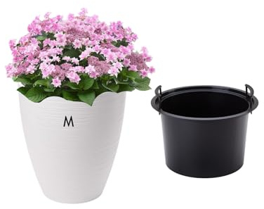 MELTOM Blumentopf Pflanzkübel Rund Hoch 32 cm Weiß mit Pflanzeinsatz | Ø 29 cm oben, 15,5 L, herausnehmbarer Einsatz 5,5 L mit Griffen, feines 3D-Wellenrelief, ohne Abflussloch, für innen