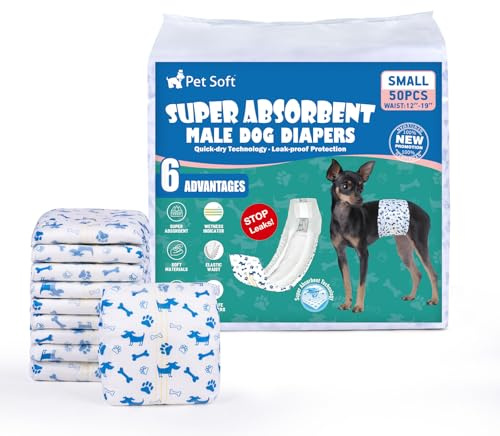 Pet Soft Pañales Desechables para Perros, 50 Unidades, para Perros Macho, Altamente absorbentes, con indicador de Humedad y a Prueba de Fugas (S-50 Unidades)