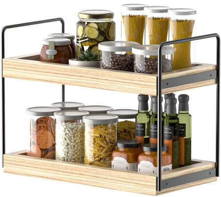 UMAYPPY 2-stufiges Gewürzregal Küchenregal Holz Arbeitsplatte Badezimmer Organizer Standregal Geeignet für Küche Wohnzimmer Badezimmer Schminktisch Schreibtisch Aufbewahrung Heimdekoration