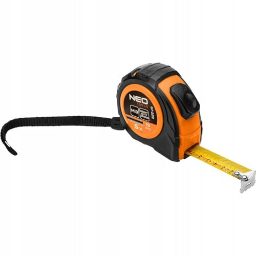 NEO TOOLS Professional Maßband 5 m - Nylon Beschichtung des Maßstabs - 2 Stopp-Tasten - Bandbreite 19 mm - Automatischer Bandstopp - MID-Genauigkeit - Anti-Rutsch Gehäuse, Gürtelklemme