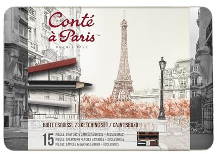 Conté à Paris 750411 Esquisse Set in Metallbox - 7 Skizzenstifte, 6 Carré Kreiden und Zubehör - Radierer, Estompe