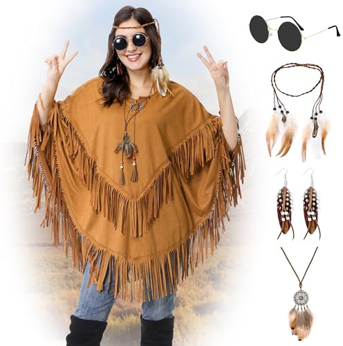 Aragallant Indianerin Poncho, Hippie Kostüm Poncho Damen mit Stirnband Halskette Orringe Brille, Braun Umhang in Lederoptik, Faschingskostüme Damen Indianerin Karnevalskostüm