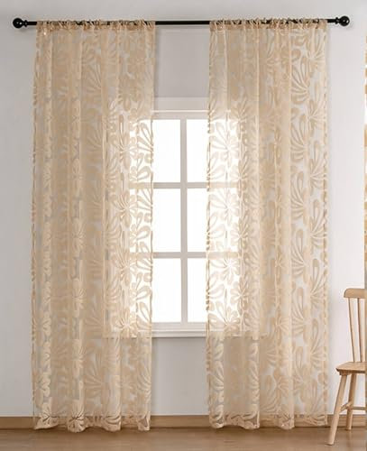 Wycian Vorhang Outdoor Ösenvorhang Creme Beige Voile 2er Pack mit Einfachem Blumenmuster H138 x B132 cm (2er Pack) Polyester