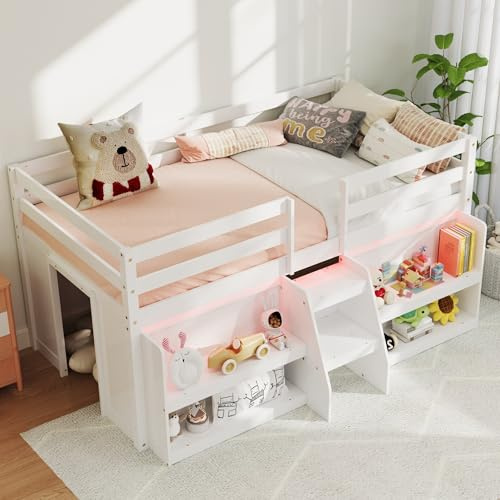 KOMFOTT Low Loft Bed with LED Light & 2 Bookcases, Wood Kids Twin Bed with Under-Bed Play Space, Stairs & Guardrails, No Box Spring Needed, Modern Low Loft Bed Frame, White