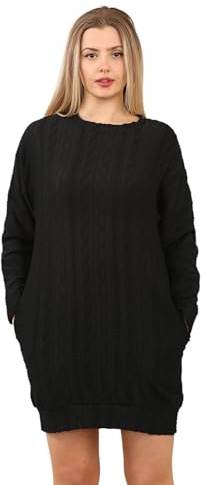 INSAFIANS Women's Cable Knit Jumper Dress Elegant Look Bodycon Sweater Tunic Tops Pullover Mini Dress with Side Pockets (BLK M)