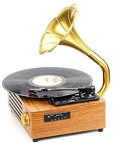 Mini tocadiscos de vinilo con gramófono retro, altavoz portátil inalámbrico con Bluetooth, tocadiscos vintage con forma de bocina y Bluetooth, tocadiscos de 3 velocidades para discos de vinilo, alta