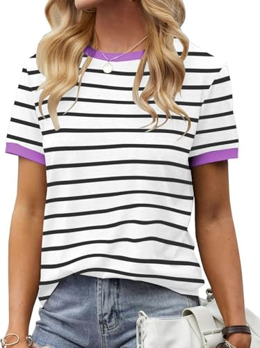 Fisoew Maglietta da donna a righe, scollo rotondo, a maniche corte, basic a righe