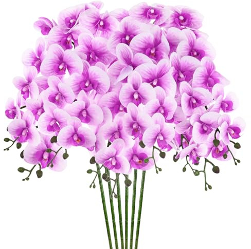 M METERXITY 6er-Pack Orchideenblumen 9 große Blüten 94 cm Dunkel Lila Weiß | Künstliche, Phalaenopsis Seidensträuße, Fake Orchideen, Real, für Zuhause/Hochzeit/Weihnachten/Party/Garten Büro