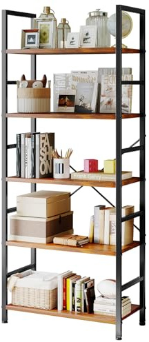 Sweetcrispy Book Shelf, 5 Tier Bookcase, Modern Tall Bookshelf Corner Storage Organizer for Garage Kit, CDs, Movies Suitable Home Office Bedroom, Kitchen, Living Room - Brown