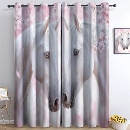 Tende oscuranti con stampa Fiore Di Ciliegio Fantasy Cavallo Bianco, Tende termoisolante per del soggiorno e della camera da letto, tende con occhielli opaca 140L x 260A cm (2 Pannelli), Rosa Bianco