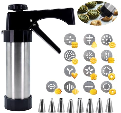 Gebäckpresse, Edelstahl Gebäckpresse Gebäckspritze, Plätzchenpresse Kekspresse Garnierspritze Set Mit 8 Schablonen Und 13 Tüllen, Tragbar Keksmaschine Backspritze DIY Backzubehör Für Teig Kuchen Kekse