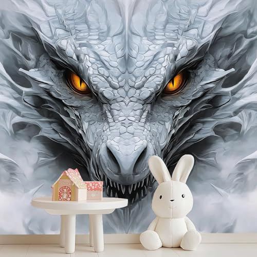 Living Room Photo Wallpaper Mural - Fantasy Art Animals Dragon Wall Art Sticker Poster for Bedrooms, Grey Mural Photo Wallpaper for Sofa Backdrop Wall Decoration, 400 x 280 cm (W x H)