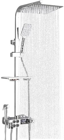 Thermostatic Shower Mixer Set,Home Smart Digital Display Shower Set - Large Rainfall Head, Temp/Time Display,5 Mode,Shower Column is Height Adjustable (Silver Constant Temperature Digital Display)