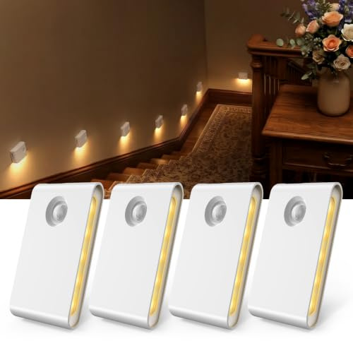 EZVALO Nachtlicht mit Bewegungsmelder, 4 Stück Treppenlicht, Akku 1500 mAh LED-Beleuchtung, 3000 K Warmweiß, für Treppenhaus, Schlafzimmer, Küche, Flur, Badezimmer, Wohnungsdekoration (4, Weiß)