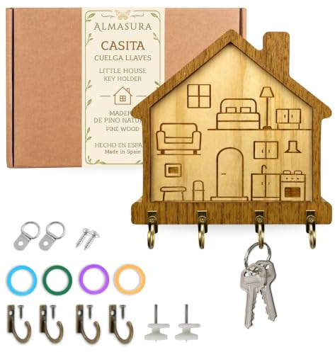 ALMASURA Porte-clés mural décoratif avec 5 crochets, porte-clés mural en forme de petite maison, porte clé en bois pour accrocher des porte-clés dans les entrées d'entrée et anneaux pour identifier