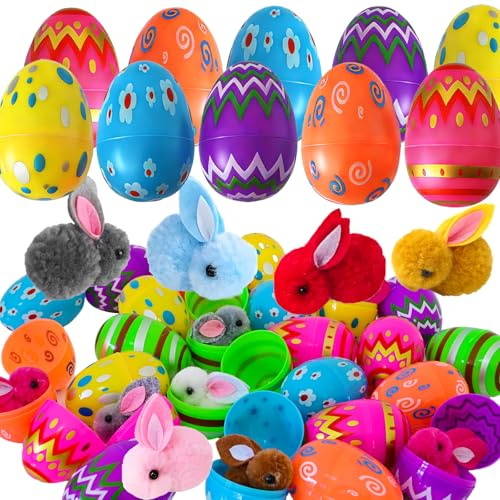 Omuyasi 24 Pack Pre Filled Easter Eggs with Bunny Plush for Easter Egg Hunt, Easter Basket Fillers for Kids Gifts Party Favors, Easter Party Bag Stuffer, Easter Prizes, Pinata Filler