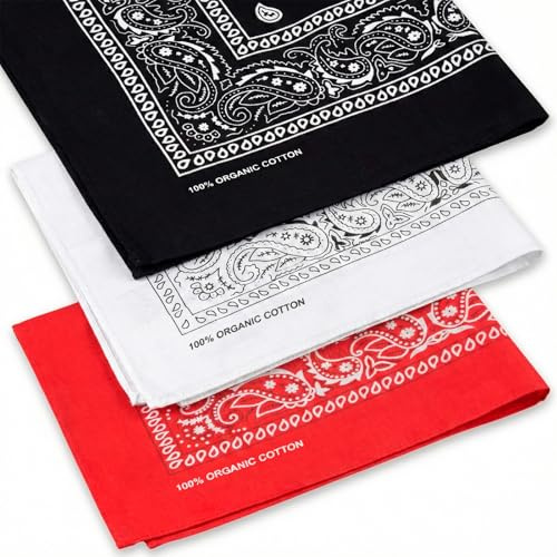 KP 3 Pack Bandana – 100% Cotone & Fibre Naturali – Foulard Senza Poliestere – Alta Qualità, Morbida, Resistente & Lavabile – Bandana Uomo e Donna – Unisex & Bambini - Rosso, Bianco e Nero