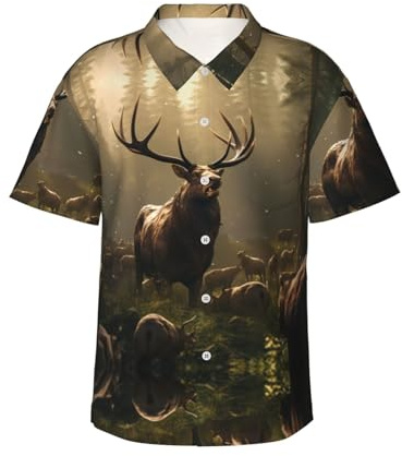 Camicia estiva da uomo con stampa mandria di cervi casual, stile hawaiano, a maniche corte, per le vacanze, S-3XL, Nero , XXL