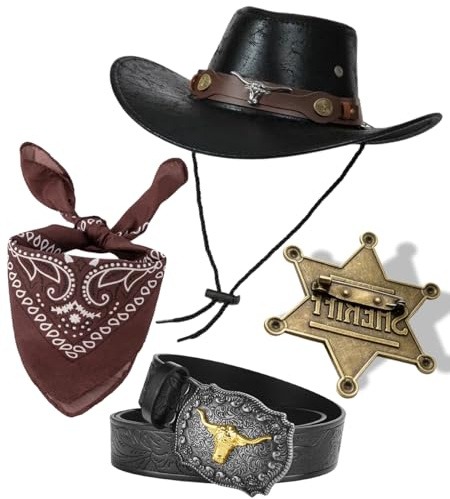 kasahara Set di accessori per costume da cowboy, da donna, uomo, cappello western, foulard, stella, stemma e cintura, per costumi di carnevale, feste occidentali, carnevale, cosplay