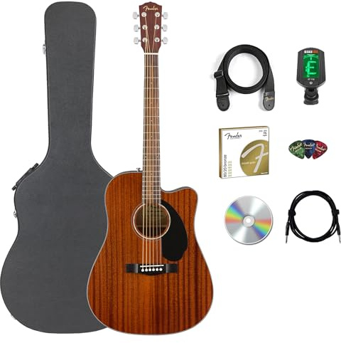 Fender CD-60SCE Solid Top Dreadnought Acoustic-Electric Guitar - All Mahogany Bundle with Hard Case, Instrument Cable, Strap, Tuner, Picks, Strings, and Austin Bazaar Instructional DVD