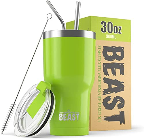 Greens Steel Beast Tumbler – 900 ml (30 oz), Zitronengrasgrün | Wiederverwendbarer Edelstahl, vakuumisolierter Becher | mit 2 Strohhalmen & Reinigungsbürste | Doppelwandiger Reise-Thermobecher