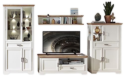 JASMIN Wohnwand Komplett-Set in Pinie hell, Artisan Eiche Optik - Schrankwand mit LED-Beleuchtung für Ihr Wohnzimmer im Landhausstil - 354 x 204 x 51 cm (B/H/T) | 354 x 204 x 51 cm (B/H/T), vierteiliges Komplett-Set im Landhausstil für das Wohnzimmer, viel Stauraum