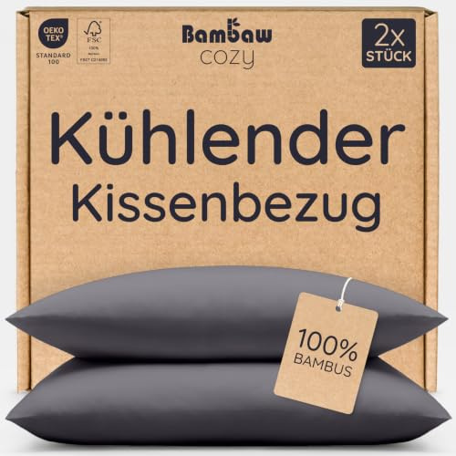 Bambaw Kissenbezug 65x65cm Bambus, 2-er Pack, atmungsaktive Bettwäsche kühlend Sommer, kuscheliger und haarschonender Kissenbezug Bambus, Anti Schweiß Bettwäsche (Anthrazit)