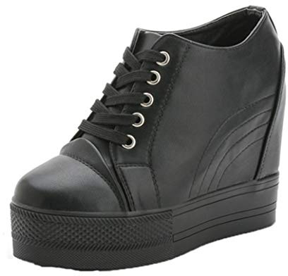LangfengEU Donna Sneakers con Zeppa Alta Autunno Inverno con Plateau Scarpe Casual da Donna per Esterno Scarpe da Ginnastica con Lacci nascoste da Donna Sneakers Nero 37 EU