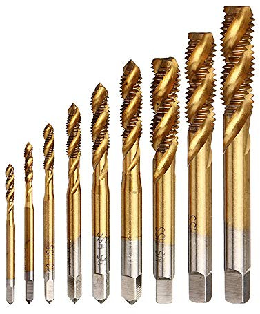 Eyech 9-teiliges Titan-Gewindebohrer-Set, Gewindebohrer, Gewindebohrer, Gewindebohrer, Werkzeug M2, M2,5, M3, M4, M5, M6, M8, M10, M12 Gewinde, Spiralnut, metrisches Gewinde-Set