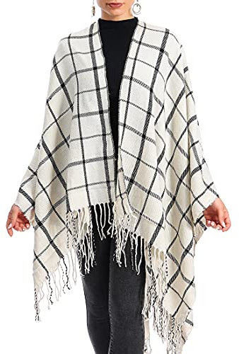 Durio Damen Schal Kariert Poncho Cape Kaschmir Damenponcho Wickelschal Herbst Winter Warme Wrap Übergroße Schultertuch Karoschal Beige