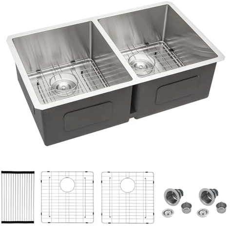 Mocoloo 33 Inch Kitchen Sink Double Bowl 16 Gauge 33 x 19 Stainless Steel Undermount Double Sink 50/50 Two Equal Compartment Under Counter Handmade, 10'' Deep Basin