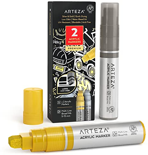 ARTEZA Metallic Acrylic Paint Pens, Set of 2, Silver & Gold, 3-in-1 Multi-Line Nibs, 515 mm Line, UV-Resistant Markers for Rocks, Glass, Metal, and Wood, Art Supplies Office Home, ARTZ-4398