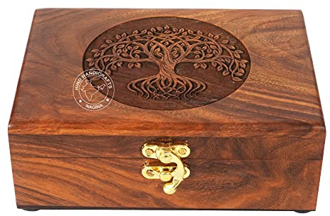 Rosewood Handgefertigte Holzurne Baum des Lebens Gravur Handgeschnitzt Schmuckschatulle für Damen Herren Juwel | Wohnkultur Akzente | Dekorative Boxen | Aufbewahrung & Organizer (17,8 x 14 x 8,9 cm,