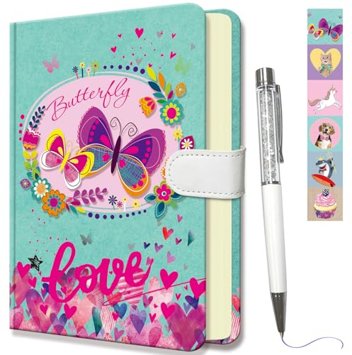 DWIYITTN Kinder Notizbuch mit Stift,Klein Schmetterling Tagebuch Mädchen 19x13,5cm Hardcover Liniert Notizblock mit Stift und Magnetverschluss Notizbücher set Geschenke für Schul, 96 Blatt 80 g/m²