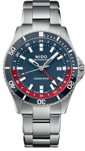 MIDO Ocean Star GMT – schweizisk automatisk klocka för män – 44 mm rostfritt stålfodral med roterande infattning, Blå och röd på rostfritt stål, E bokstav alfabetet kostym monogram universitet rolig