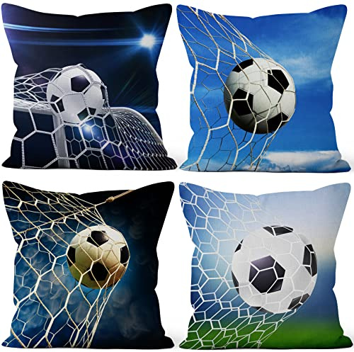 Aoihrraan 41x41cm 4er Set Dekorativ Das Tor Schießen Kissenbezug Fußball Rustikal Zierkissenbezug Quadratische Couchkissen Junge Sofa Schlafzimmer Dekokissen