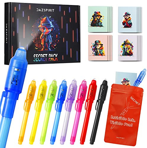 DazSpirit 8 Pieces Invisible Ink Pens and Notebooks Set - Detective Theme, UV Light Spy Pens Party Bag Fillers for Boys and Girls, Magic Secret Message for Detective Parties, Treasure Hunt