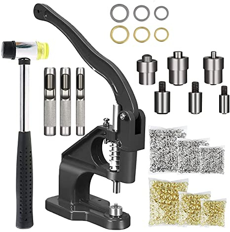 Hand Press Grommet Machine,Eyelet Hole Punch Tool Kit,Grommet Eyelet Tool Kit with 3 Dies (#0#2#4) with 1500 Pcs Grommets Eyelet(6, 10, 12mm) Press Rivet Press Machine for Snap Buttons Rivets Eyelets