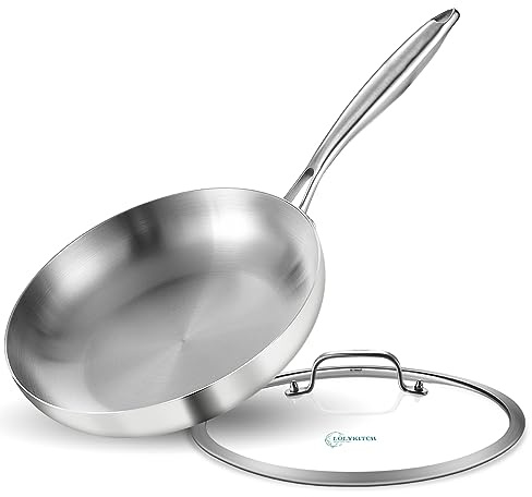 LOLYKITCH 10 Inch Tri-ply Stainless Steel Frying Pan with Lid,Skillet,Induction Cooking Pan,Dishwasher and Oven Safe,Detachable Handle.