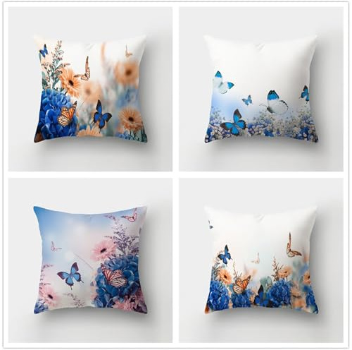 Juego de 4 Flor de hortensia azul Fundas de Cojines,Moderno Cuadradas Cojines 45x45cm,Fundas de cojín Terciopelo Decorativas Suaves Transpirables para Patio Jardín Sala de Estar Sofá Mueble Exteriores