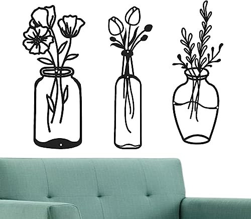 Hierro Forjado para decoración Pared, Silueta Flores con Marco Metal, Adorno Rosa, Flor en jarrón, decoración Pared Negra para jardín al Aire Libre, COC, Sala Estar,